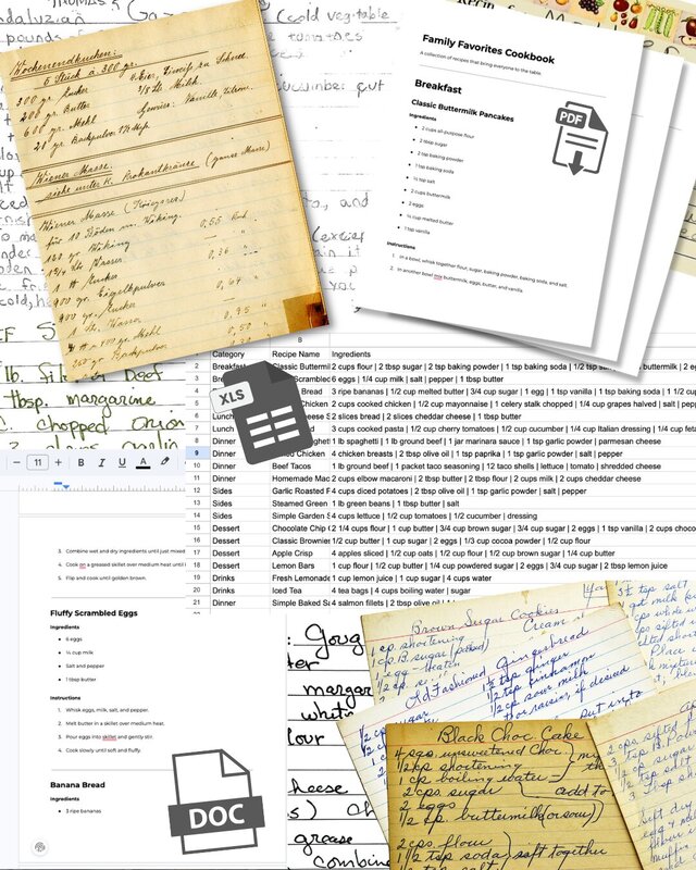 Upload recipes in any format - handwritten cards, PDFs, Word docs, spreadsheets, and more